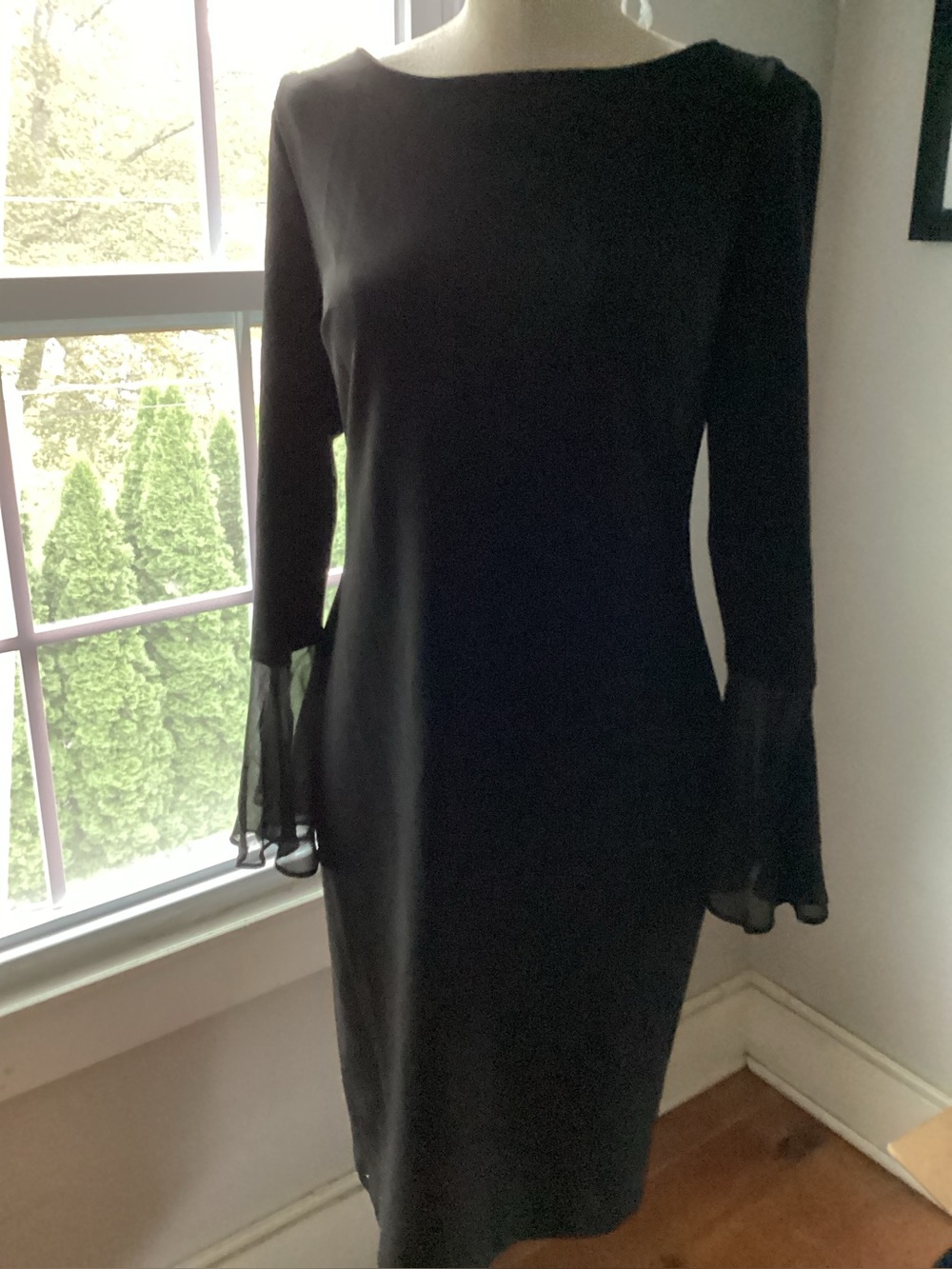 Calvin Klein Black Long-Sleeve Sheath Dress with Chiffon Fluted Cuffs